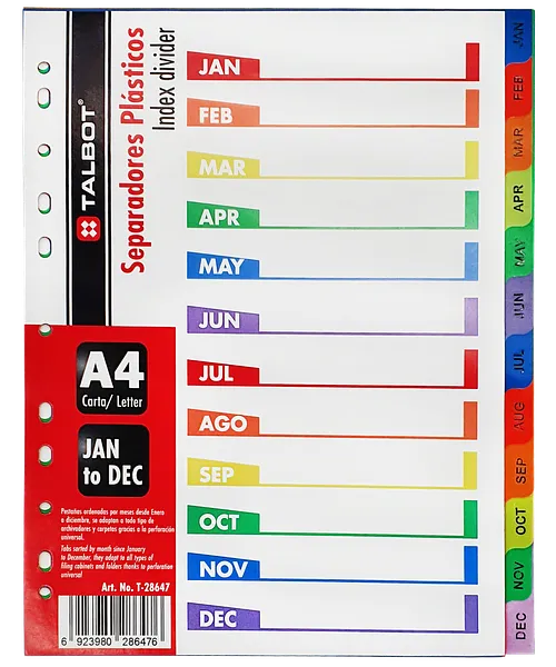Separador Plástico de 12 Meses para Carpeta, Colores Surtidos - Talbot T-28647